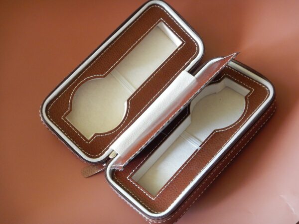 POUR 2 MONTRES BOITE BOX POCHETTE BOITIER COFFRET ETUI MARRON COUTURE BLANCHE
