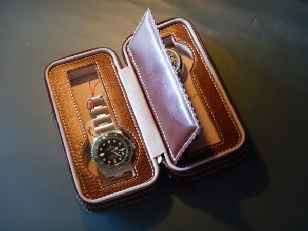 POUR 2 MONTRES BOITE BOX POCHETTE BOITIER COFFRET ETUI MARRON COUTURE BLANCHE – Image 4