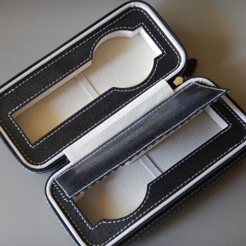 POUR 2 MONTRES BOITE BOX POCHETTE BOITIER COFFRET ETUI NOIR COUTURE BLANCHE