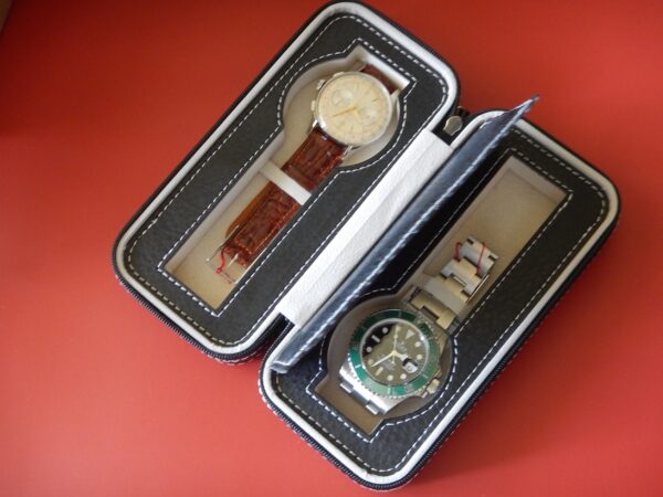 POUR 2 MONTRES BOITE BOX POCHETTE BOITIER COFFRET ETUI NOIR COUTURE BLANCHE – Image 4