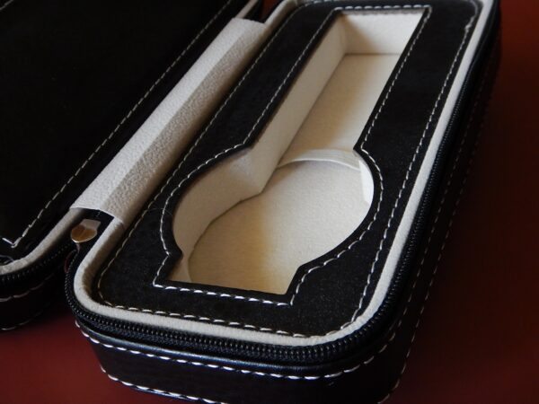 POUR 2 MONTRES BOITE BOX POCHETTE BOITIER COFFRET ETUI NOIR COUTURE BLANCHE – Image 8