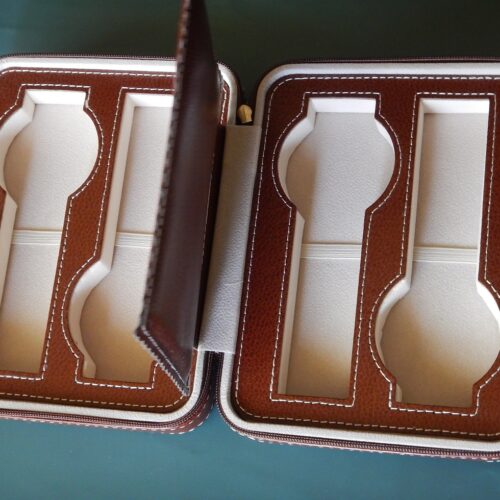 POUR 4 MONTRES BOITE BOX POCHETTE BOITIER COFFRET ETUI MARRON CLAIR COUTURE BLANCHE