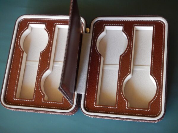 POUR 4 MONTRES BOITE BOX POCHETTE BOITIER COFFRET ETUI MARRON CLAIR COUTURE BLANCHE