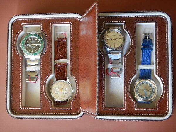 POUR 4 MONTRES BOITE BOX POCHETTE BOITIER COFFRET ETUI MARRON CLAIR COUTURE BLANCHE – Image 4