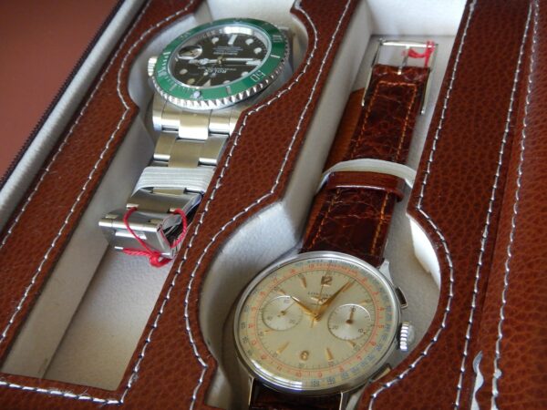 POUR 4 MONTRES BOITE BOX POCHETTE BOITIER COFFRET ETUI MARRON CLAIR COUTURE BLANCHE – Image 5