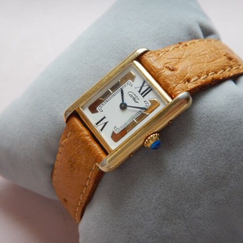 CARTIER TANK MUST VERMEIL BOUCLE DEPLOYANTE RARE CADRAN 3 ORS DANS SA POCHETTE