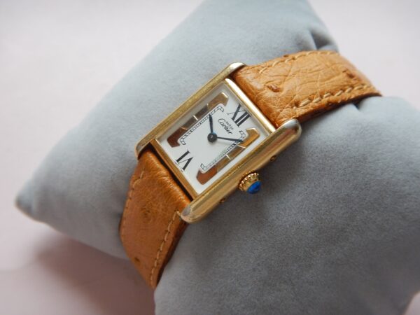 CARTIER TANK MUST VERMEIL BOUCLE DEPLOYANTE RARE CADRAN 3 ORS DANS SA POCHETTE
